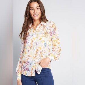 MODCLOTH Be Buzzworthy Sheer Button Front Top in Ivory Floral
